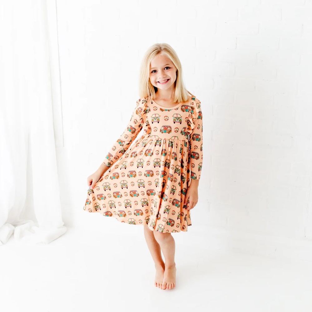 Dream Jamms Girls Hippie Camper Bamboo Long‎ Sleeve Twirl Dress Size 4T